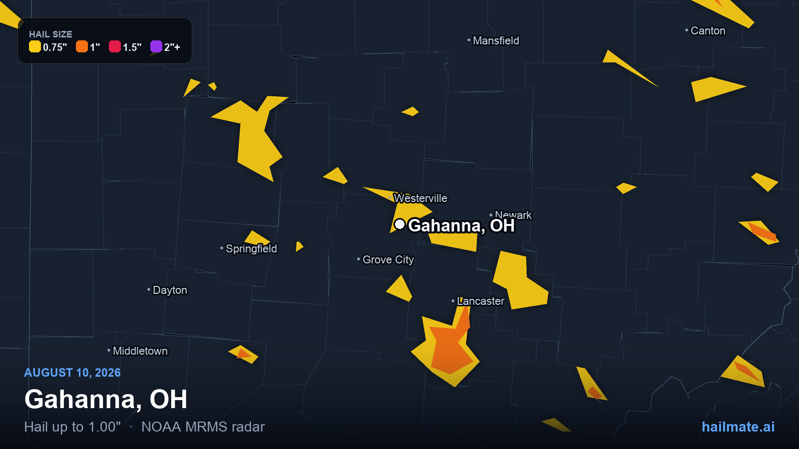 Hail swath map for Gahanna, OH on August 10, 2026 showing 1.00 inch hail.