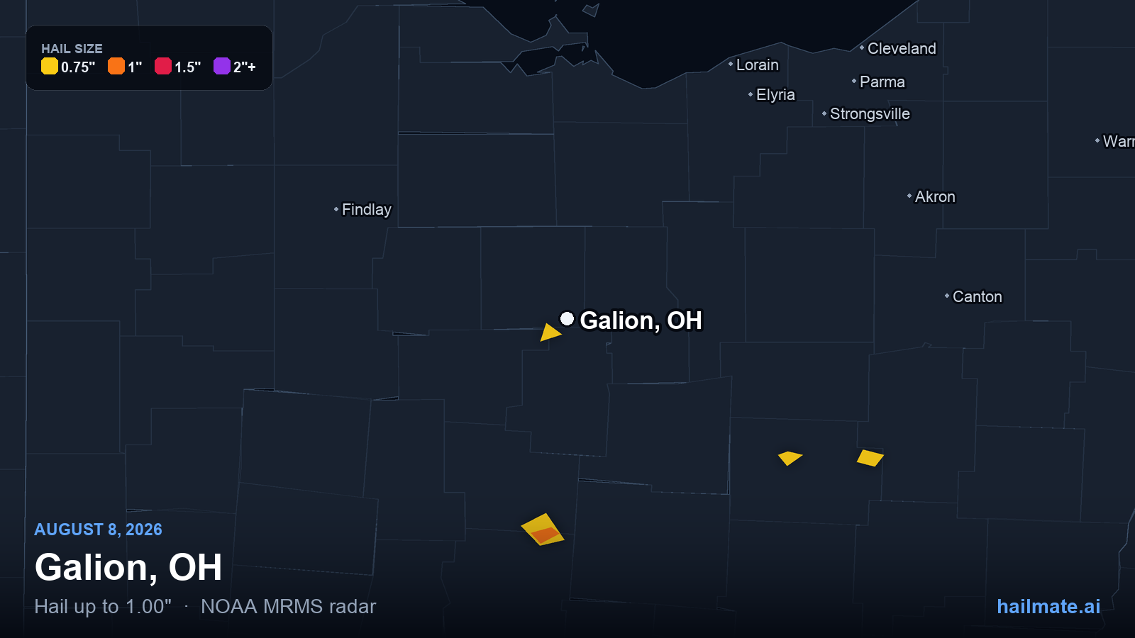 Hail swath map for Galion, OH on August 8, 2026 showing 1.00 inch hail.