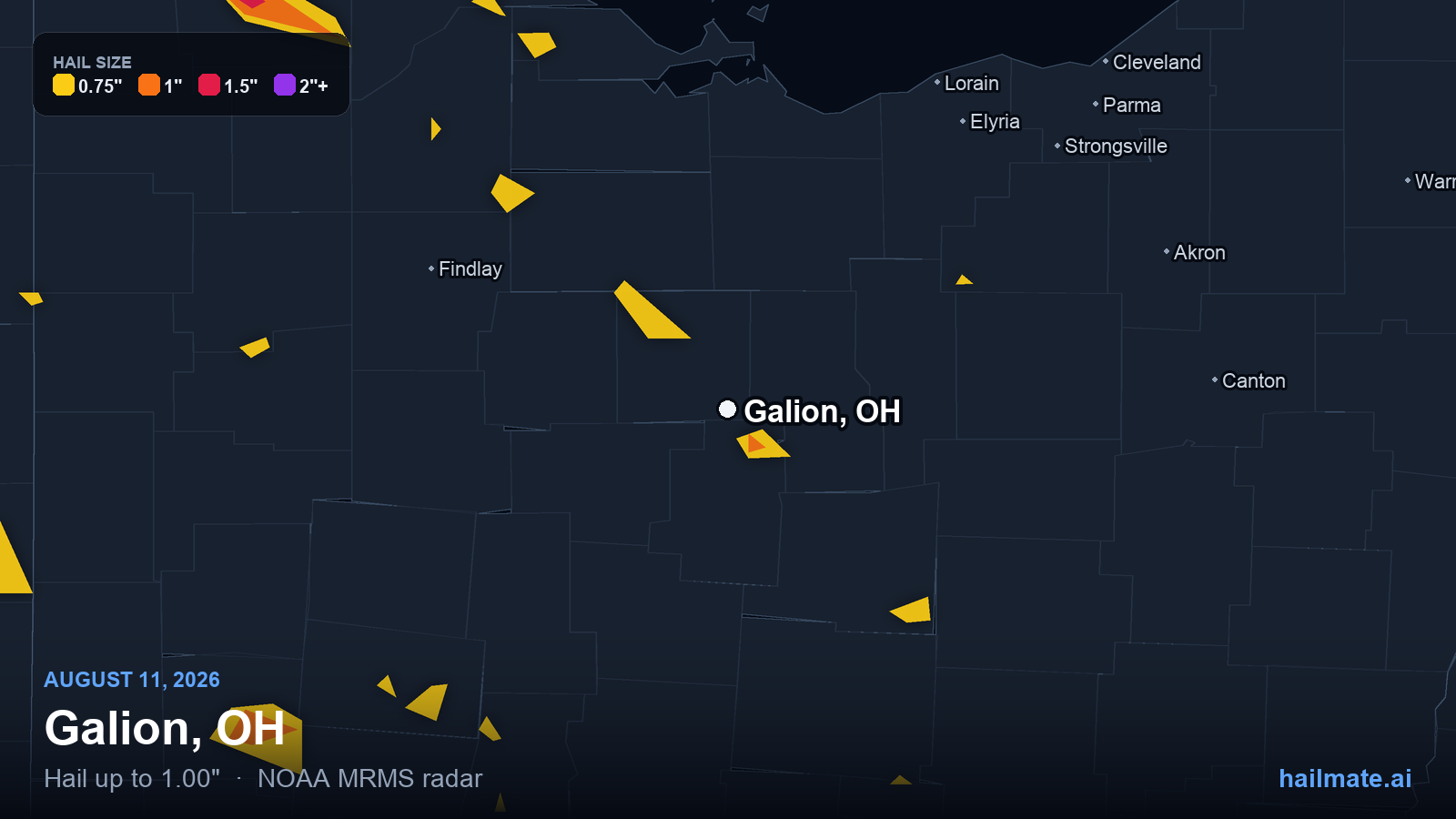 Hail swath map for Galion, OH on August 11, 2026 showing 1.00 inch hail.