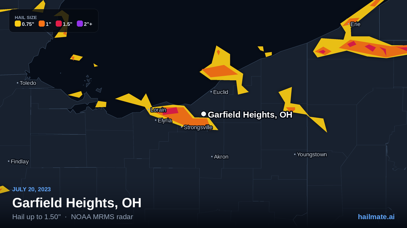 Hail swath map for Garfield Heights, OH on July 20, 2023 showing 1.50 inch hail.
