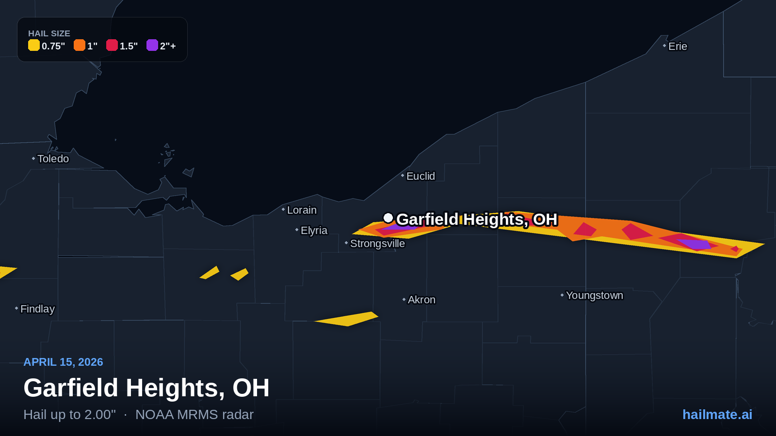 Hail swath map for Garfield Heights, OH on April 15, 2026 showing 2.00 inch hail.