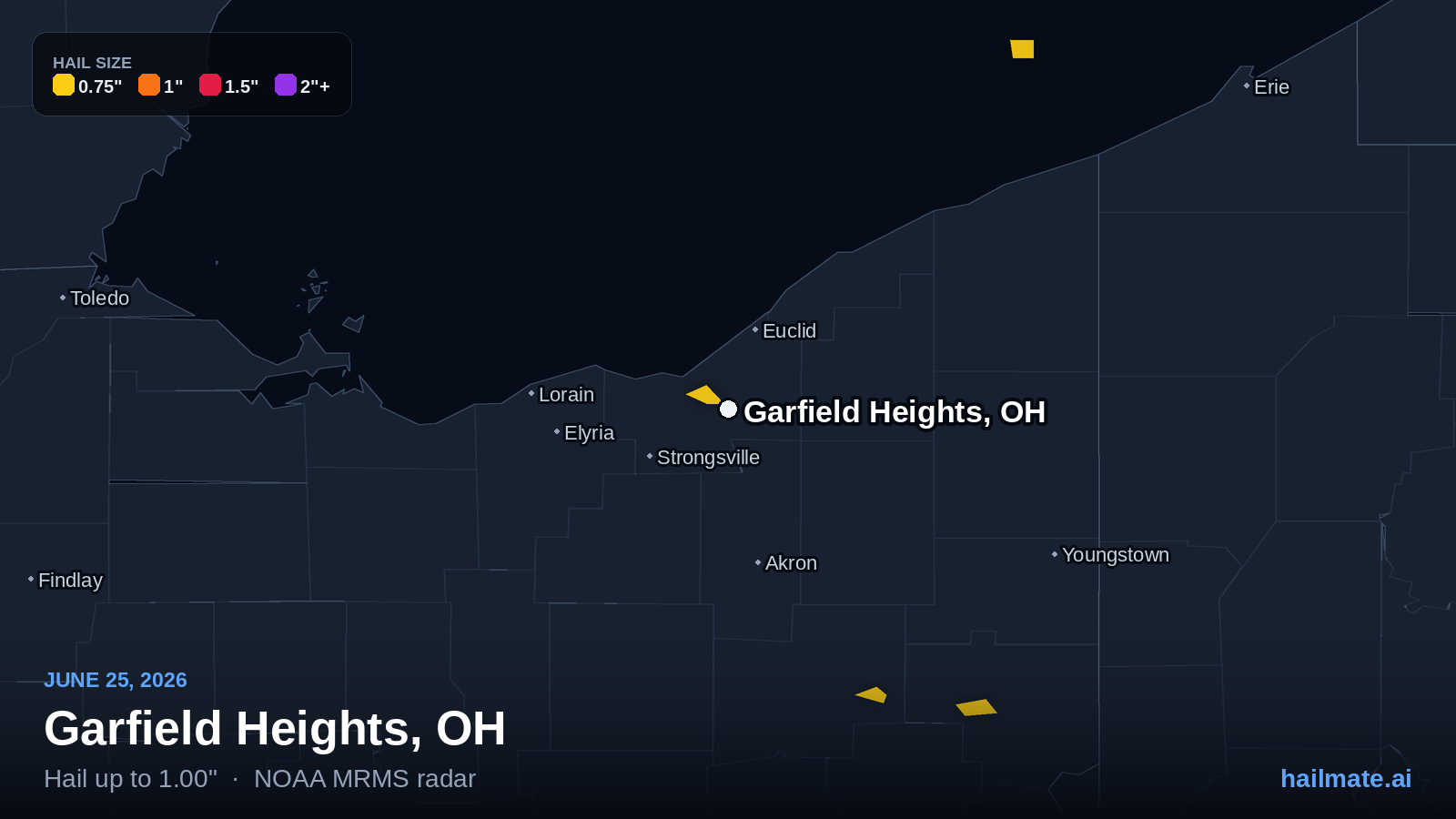 Hail swath map for Garfield Heights, OH on June 25, 2026 showing 1.00 inch hail.