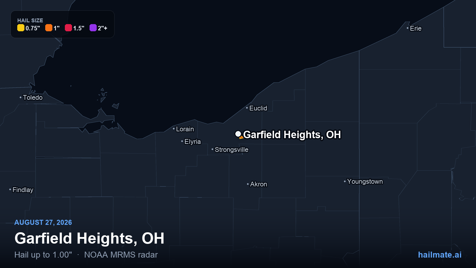 Hail swath map for Garfield Heights, OH on August 27, 2026 showing 1.00 inch hail.
