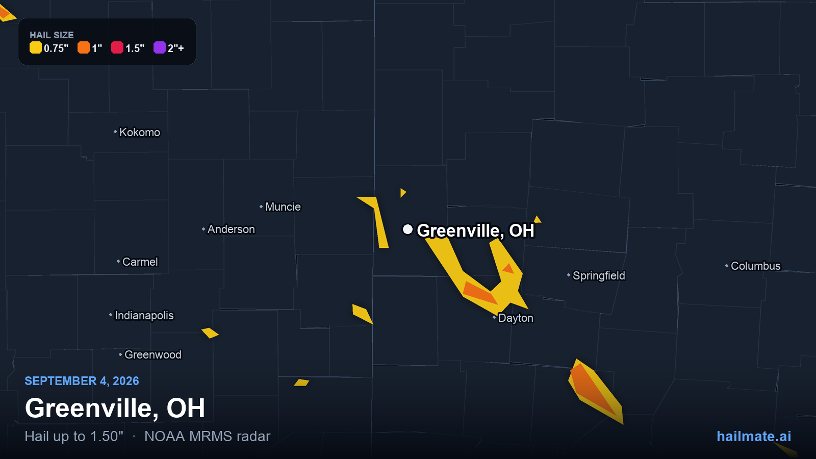Hail swath map for Greenville, OH on September 4, 2026 showing 1.50 inch hail.