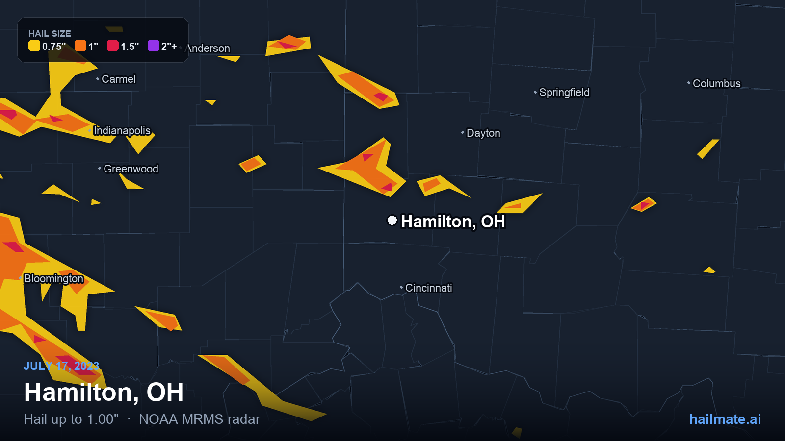 Hail swath map for Hamilton, OH on July 17, 2023 showing 1.00 inch hail.