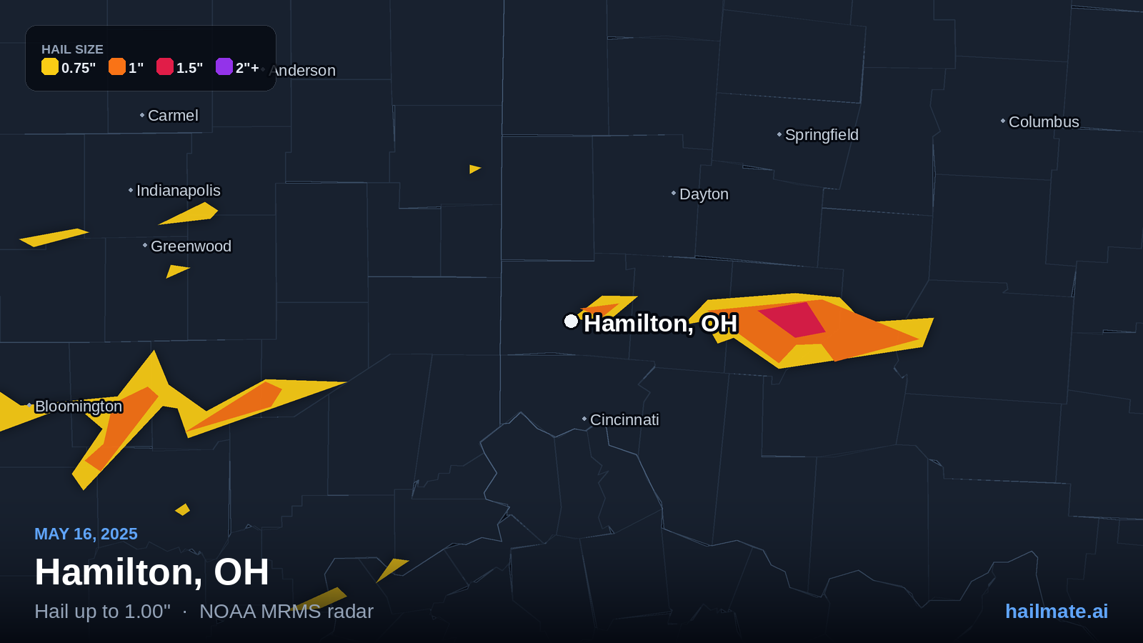 Hail swath map for Hamilton, OH on May 16, 2025 showing 1.00 inch hail.