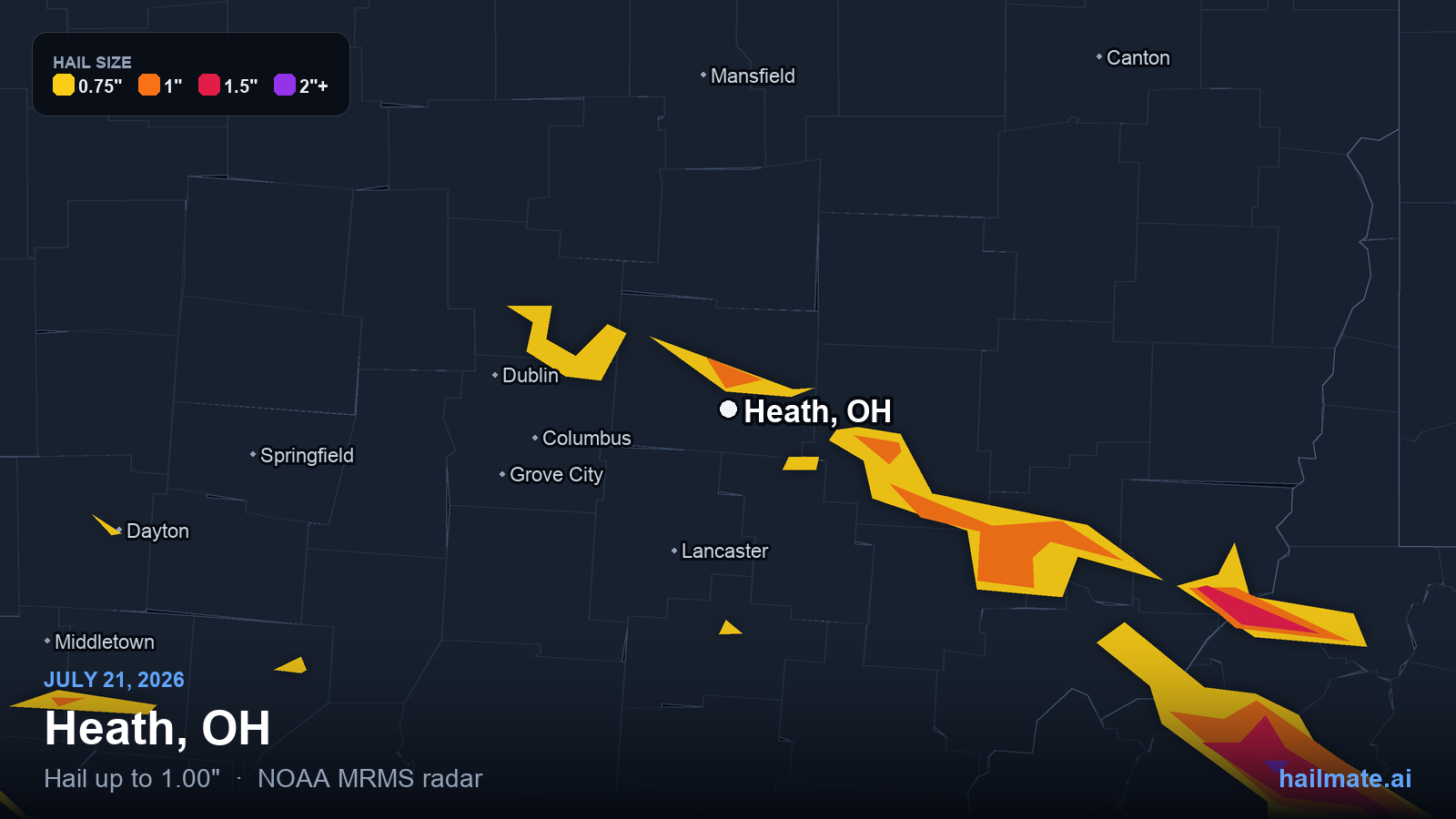 Hail swath map for Heath, OH on July 21, 2026 showing 1.00 inch hail.
