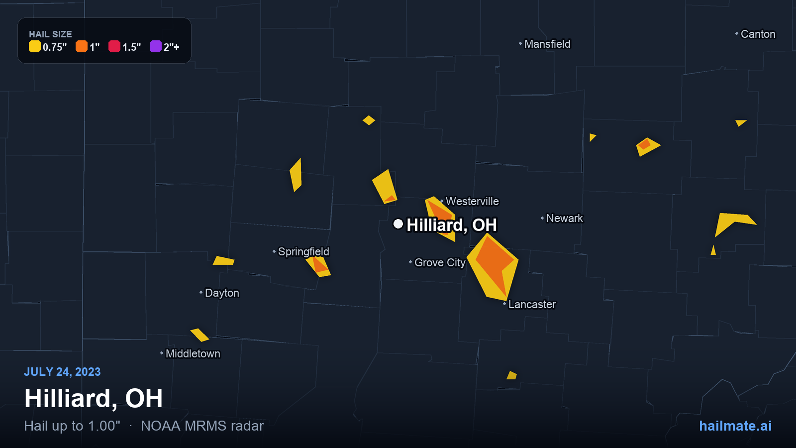 Hail swath map for Hilliard, OH on July 24, 2023 showing 1.00 inch hail.