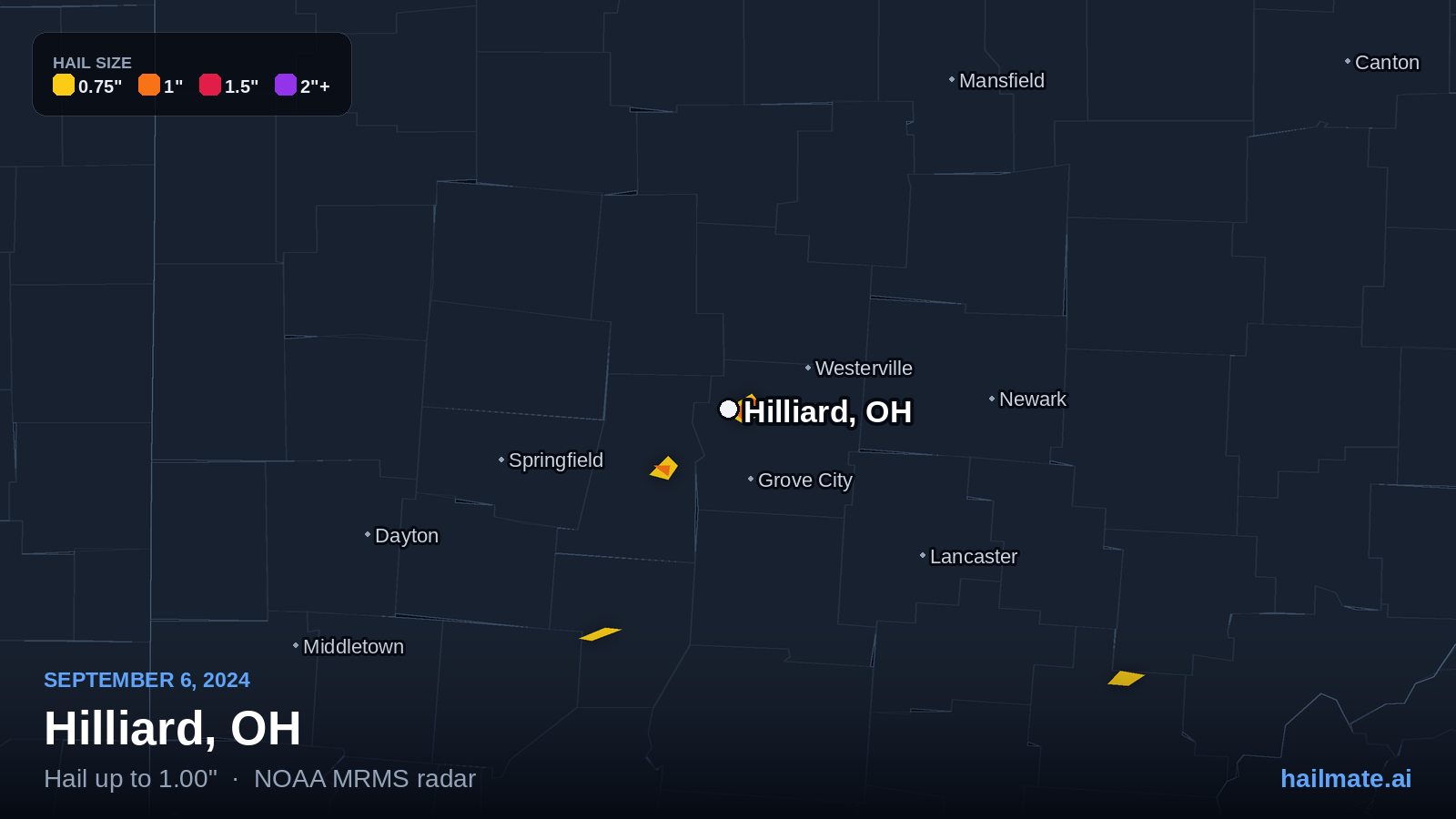 Hail swath map for Hilliard, OH on September 6, 2024 showing 1.00 inch hail.