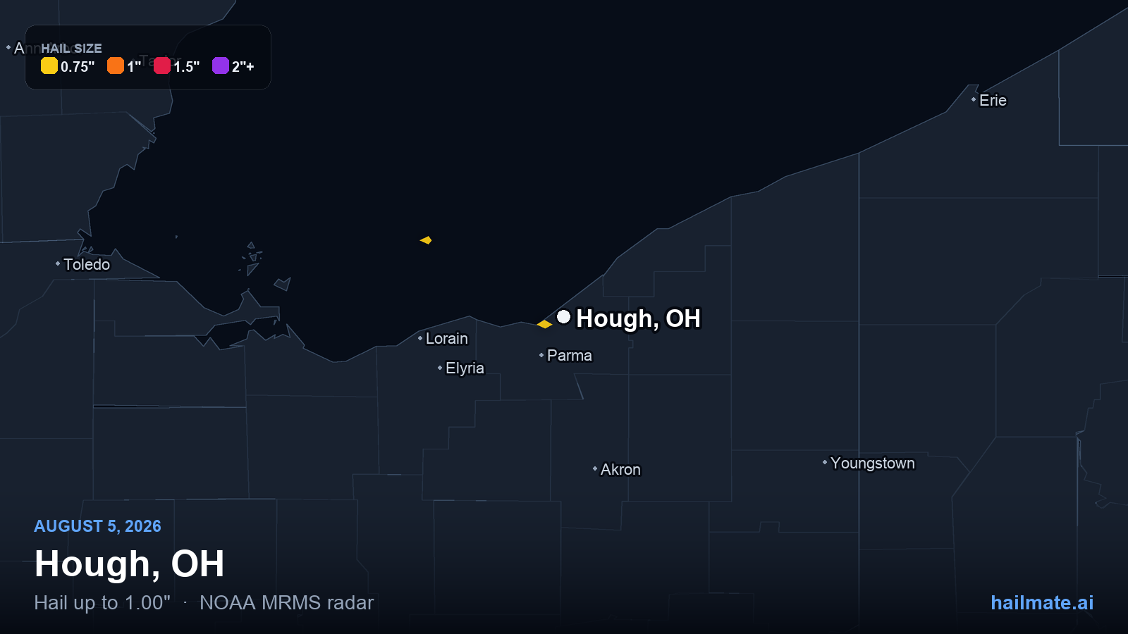 Hail swath map for Hough, OH on August 5, 2026 showing 1.00 inch hail.