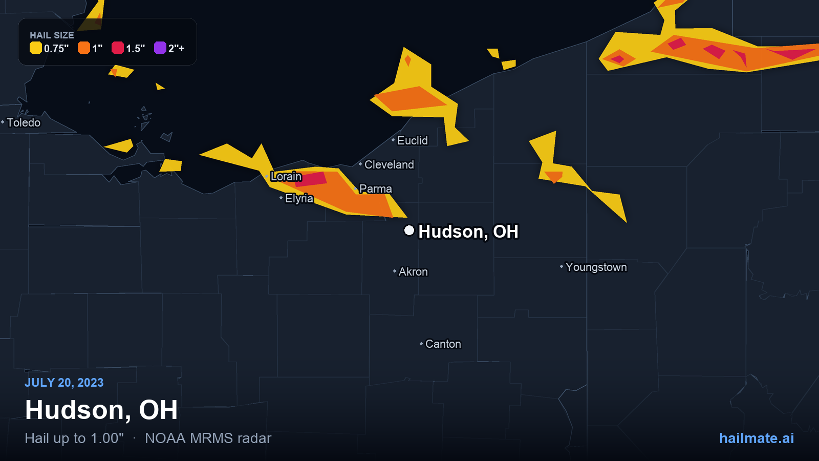 Hail swath map for Hudson, OH on July 20, 2023 showing 1.00 inch hail.