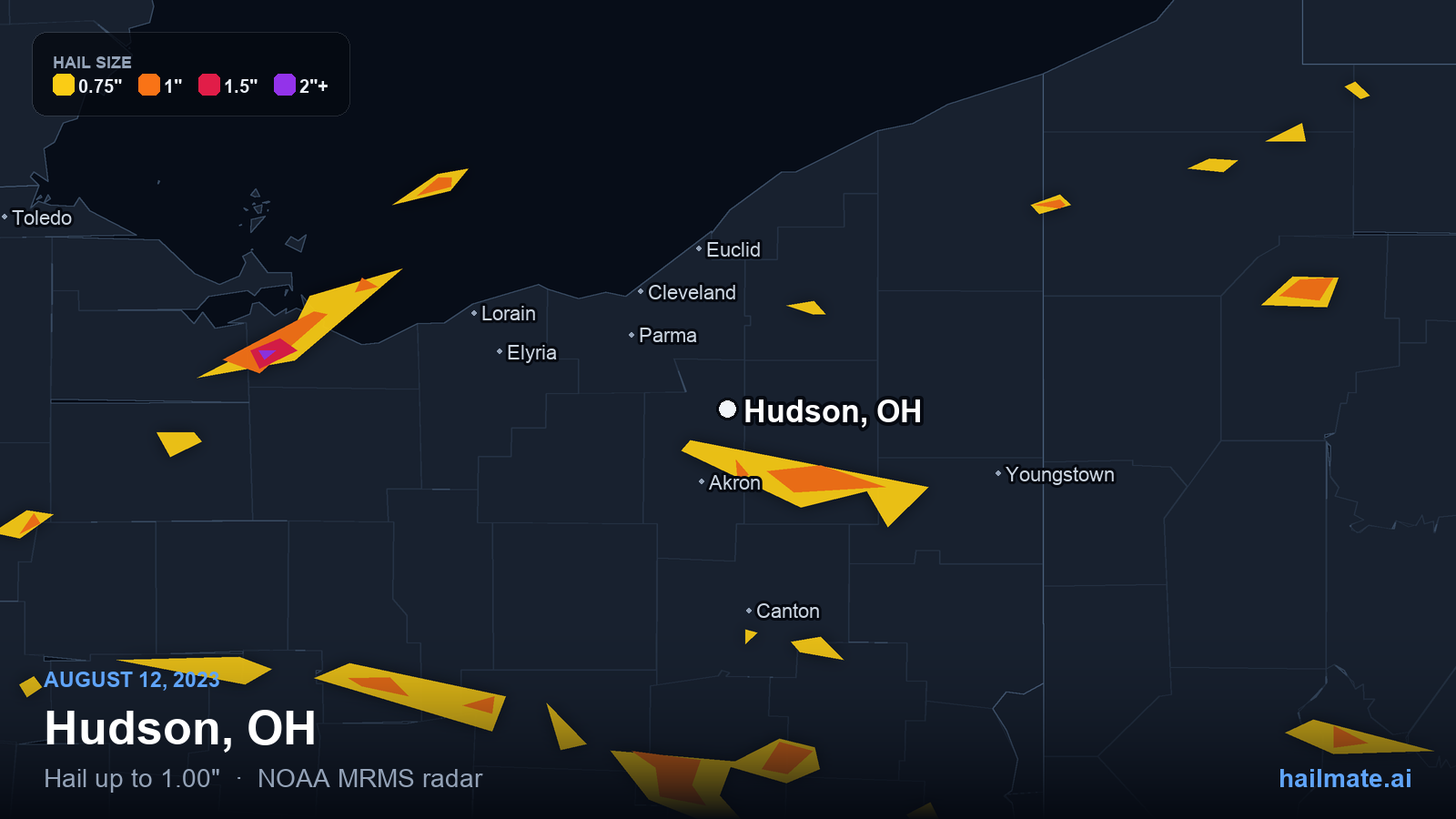 Hail swath map for Hudson, OH on August 12, 2023 showing 1.00 inch hail.