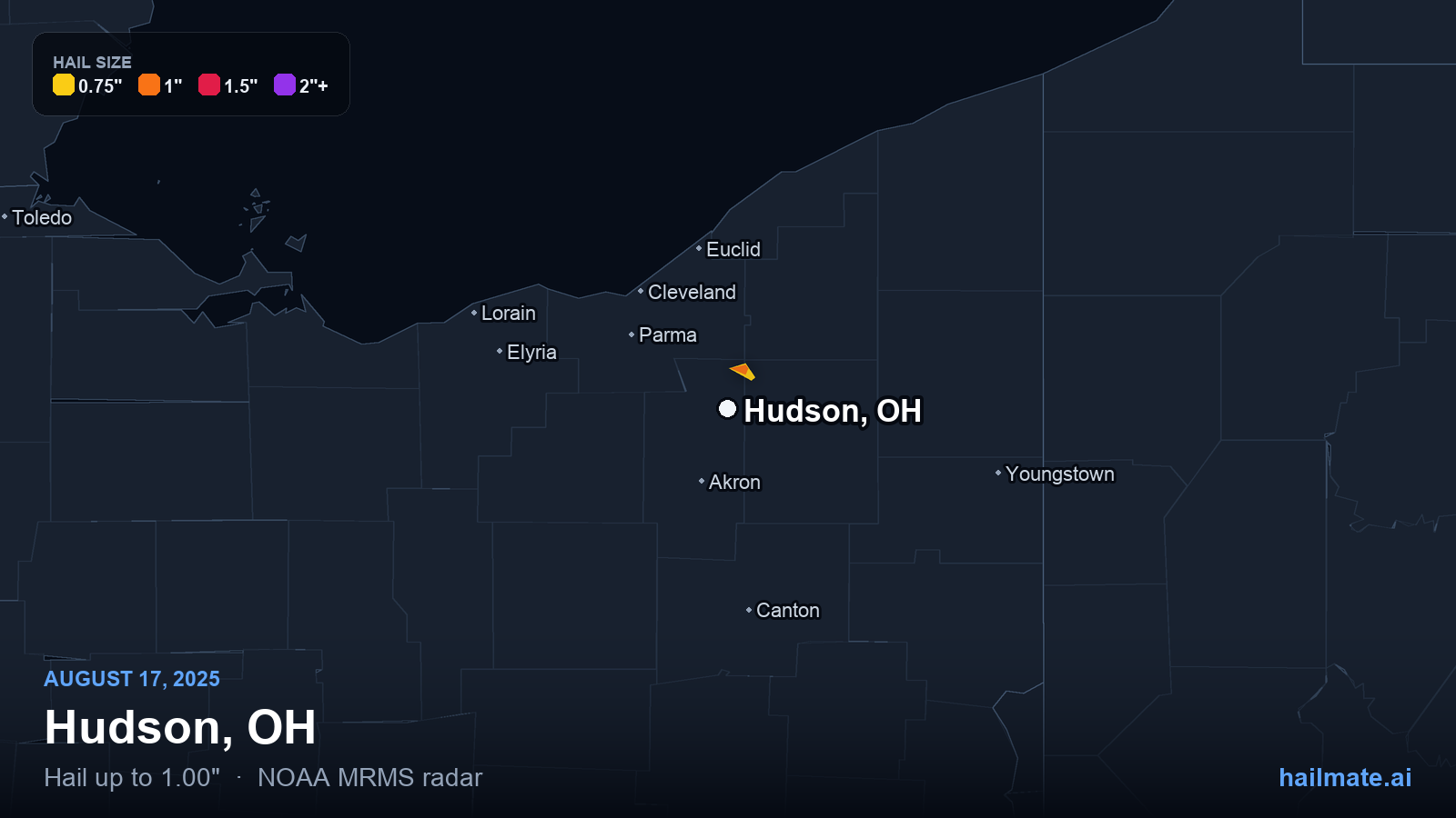 Hail swath map for Hudson, OH on August 17, 2025 showing 1.00 inch hail.