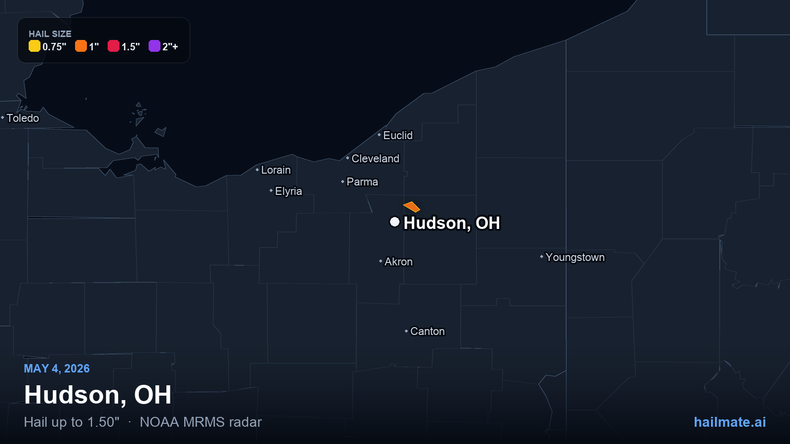 Hail swath map for Hudson, OH on May 4, 2026 showing 1.50 inch hail.