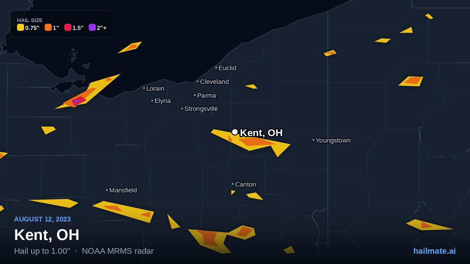 Hail swath map for Kent, OH on August 12, 2023 showing 1.00 inch hail.