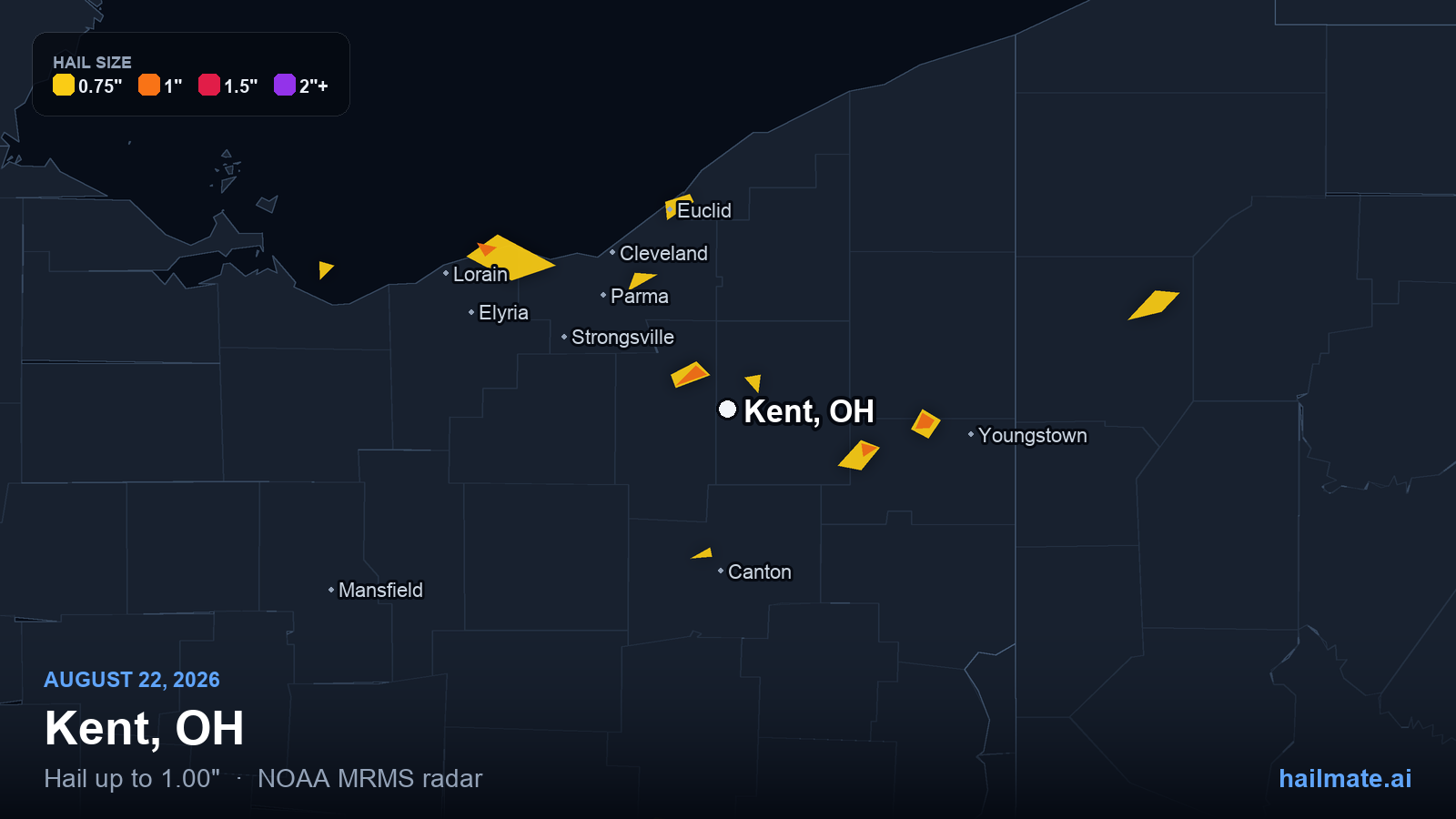 Hail swath map for Kent, OH on August 22, 2026 showing 1.00 inch hail.