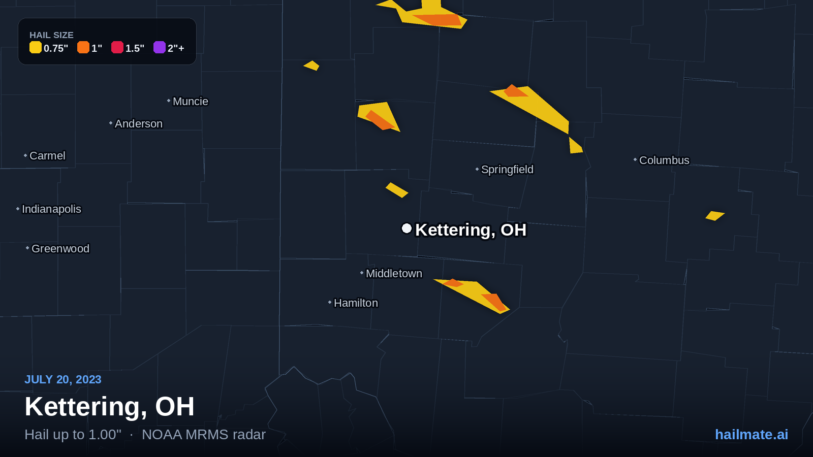 Hail swath map for Kettering, OH on July 20, 2023 showing 1.00 inch hail.