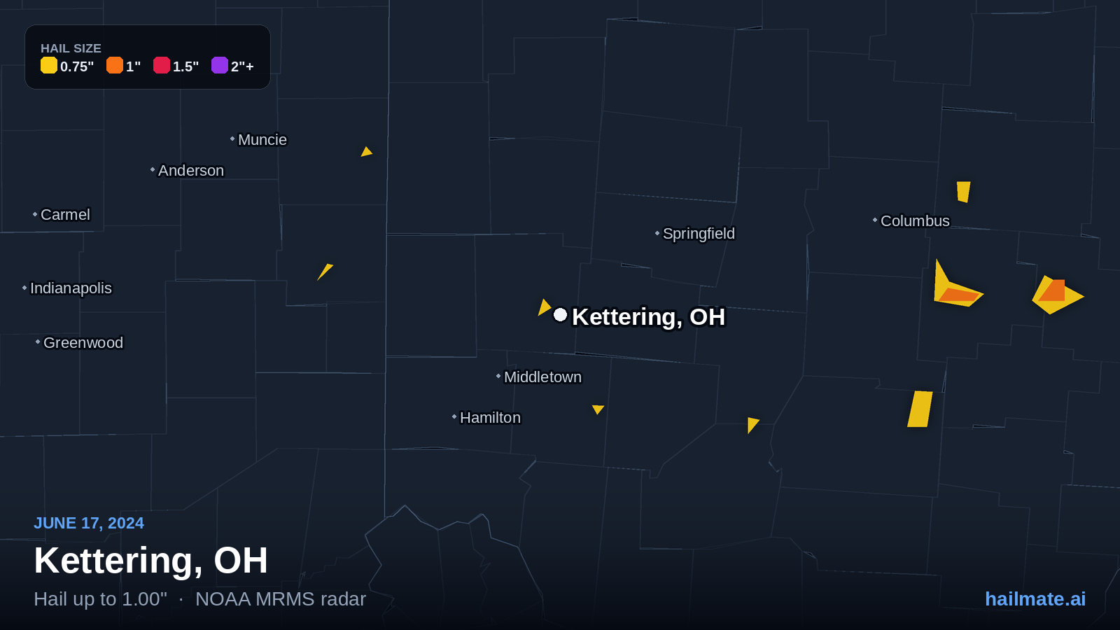 Hail swath map for Kettering, OH on June 17, 2024 showing 1.00 inch hail.