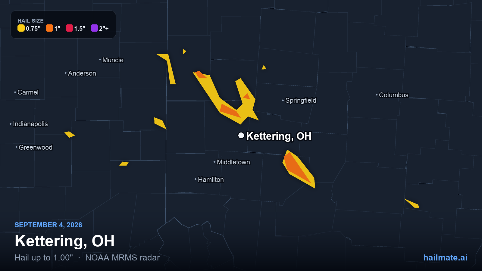 Hail swath map for Kettering, OH on September 4, 2026 showing 1.00 inch hail.
