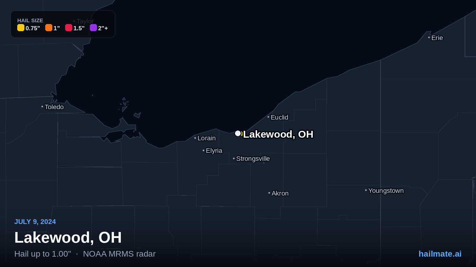 Hail swath map for Lakewood, OH on July 9, 2024 showing 1.00 inch hail.