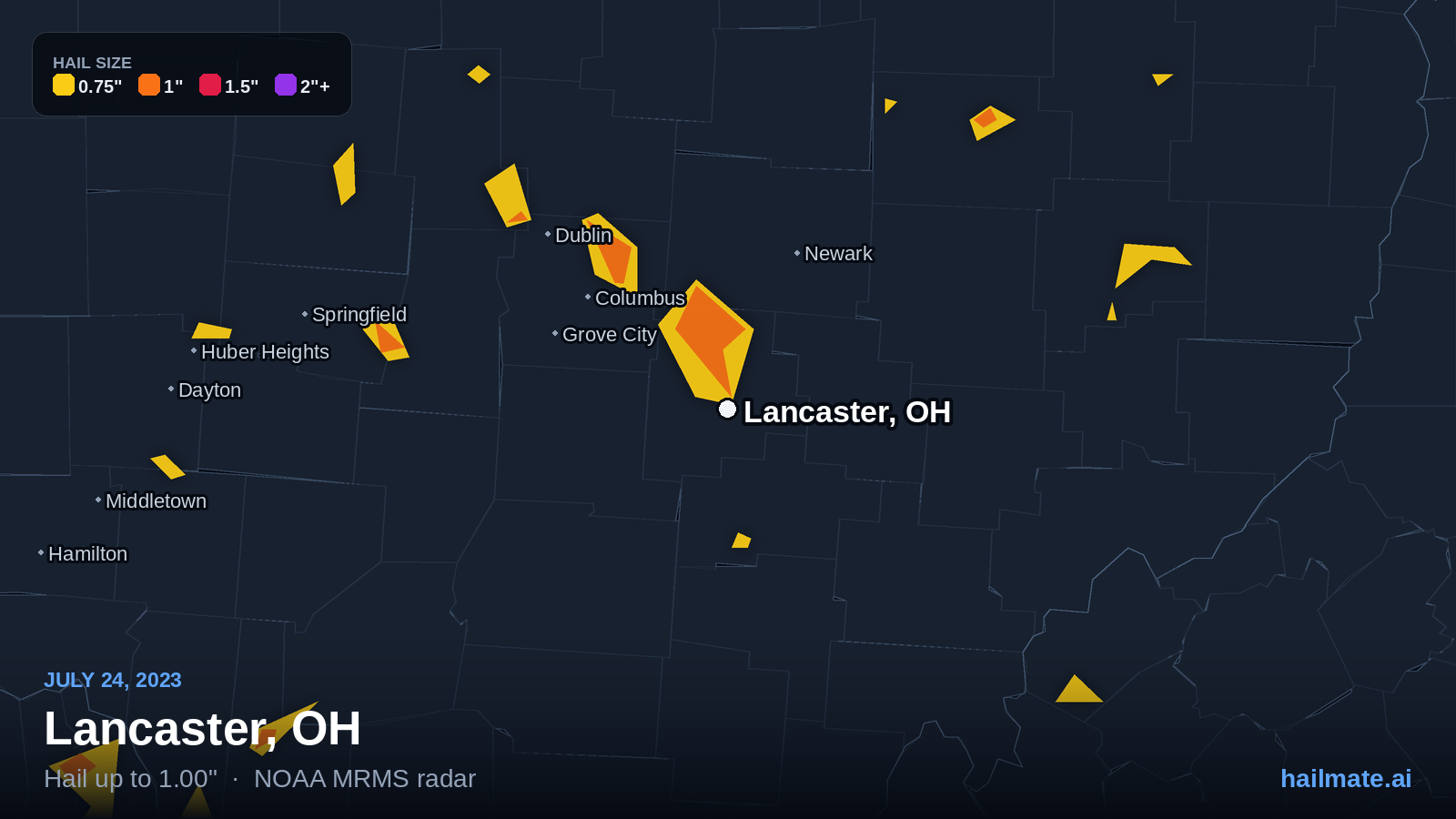 Hail swath map for Lancaster, OH on July 24, 2023 showing 1.00 inch hail.