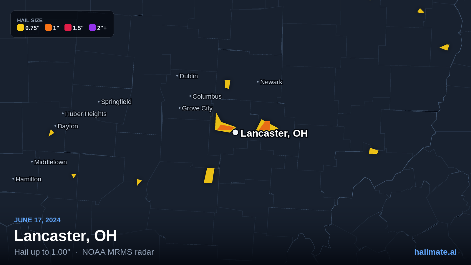 Hail swath map for Lancaster, OH on June 17, 2024 showing 1.00 inch hail.