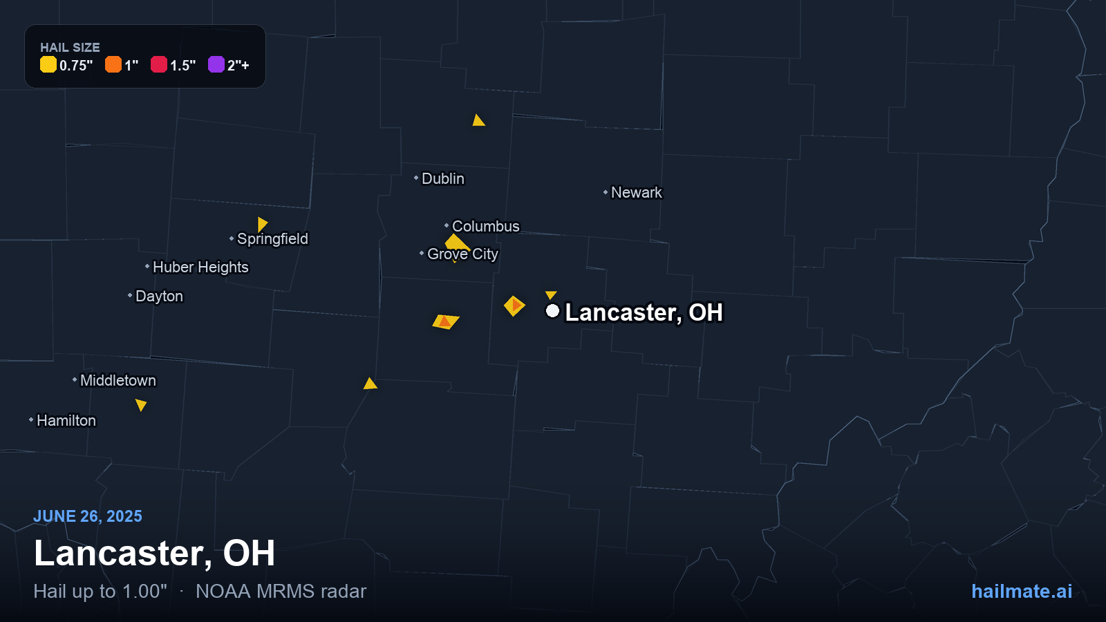 Hail swath map for Lancaster, OH on June 26, 2025 showing 1.00 inch hail.