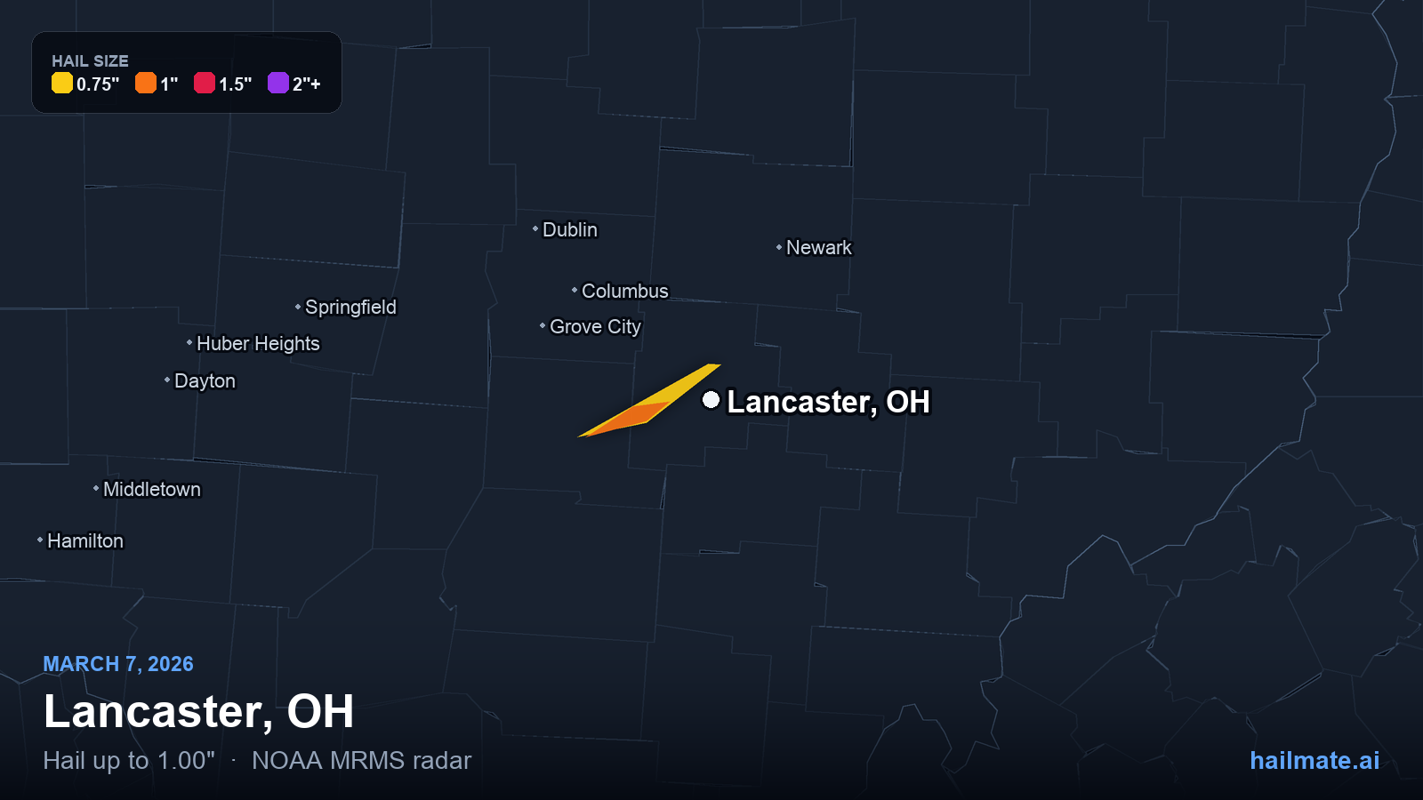Hail swath map for Lancaster, OH on March 7, 2026 showing 1.00 inch hail.
