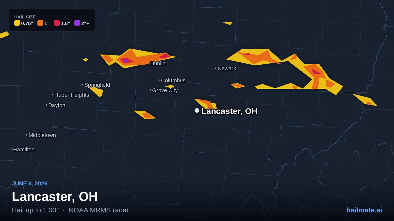 Hail swath map for Lancaster, OH on June 6, 2026 showing 1.00 inch hail.