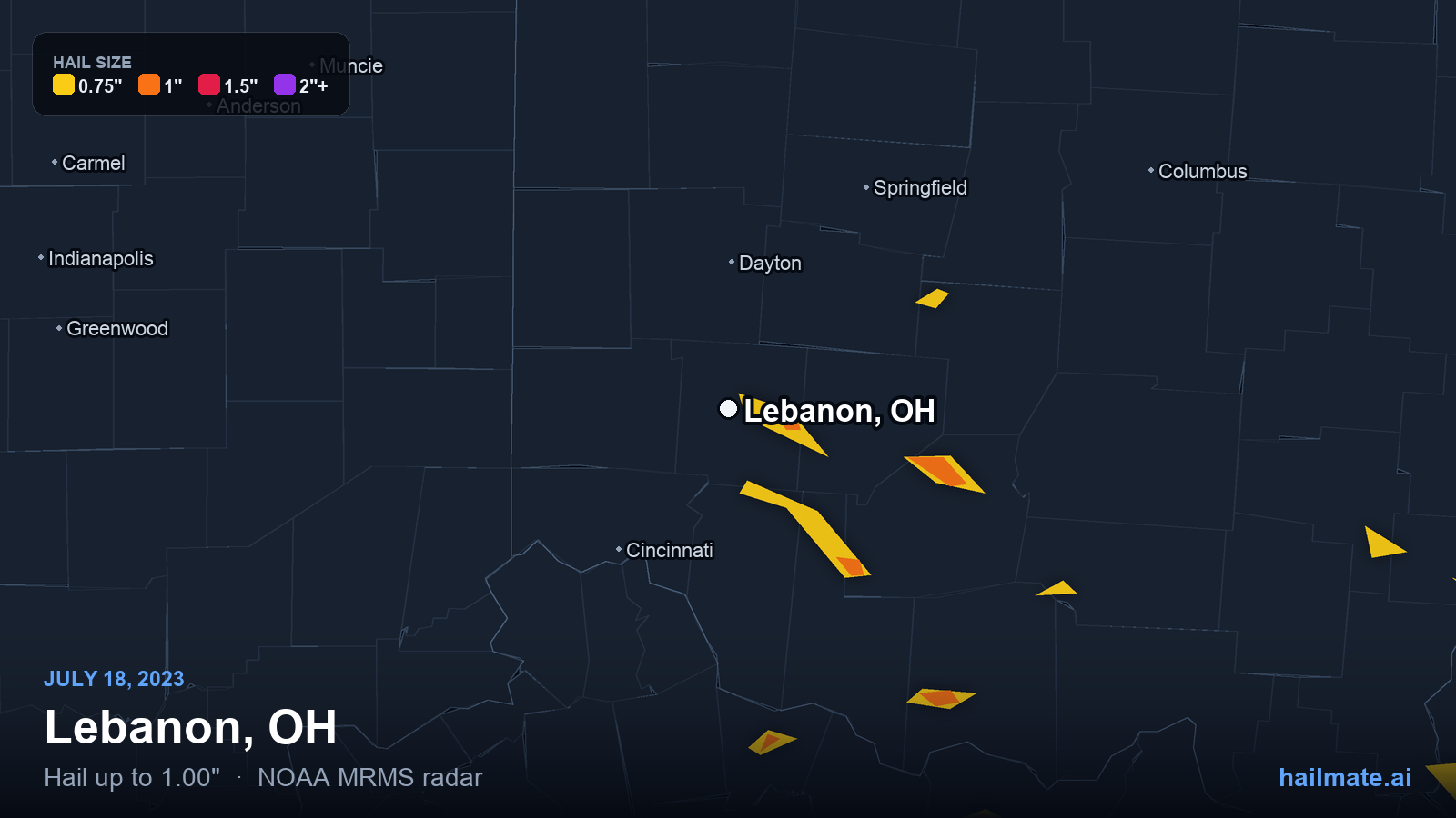 Hail swath map for Lebanon, OH on July 18, 2023 showing 1.00 inch hail.