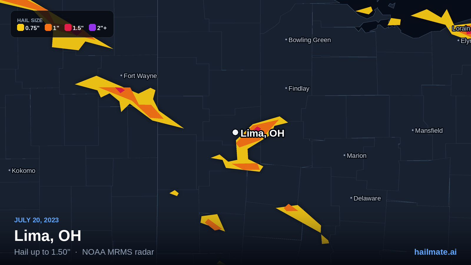 Hail swath map for Lima, OH on July 20, 2023 showing 1.50 inch hail.