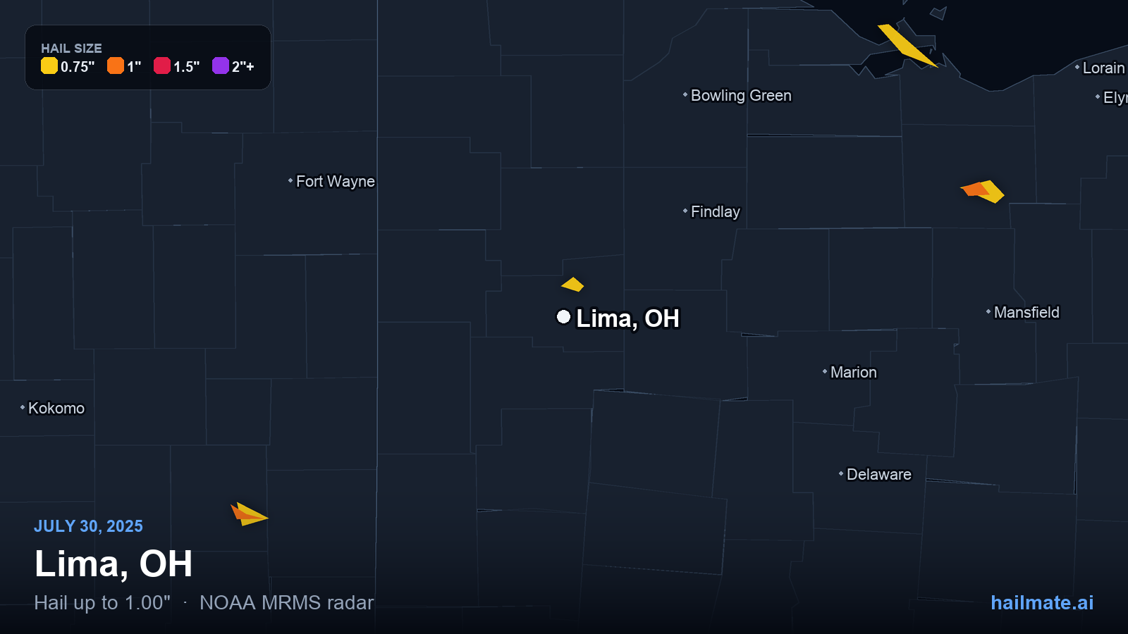 Hail swath map for Lima, OH on July 30, 2025 showing 1.00 inch hail.