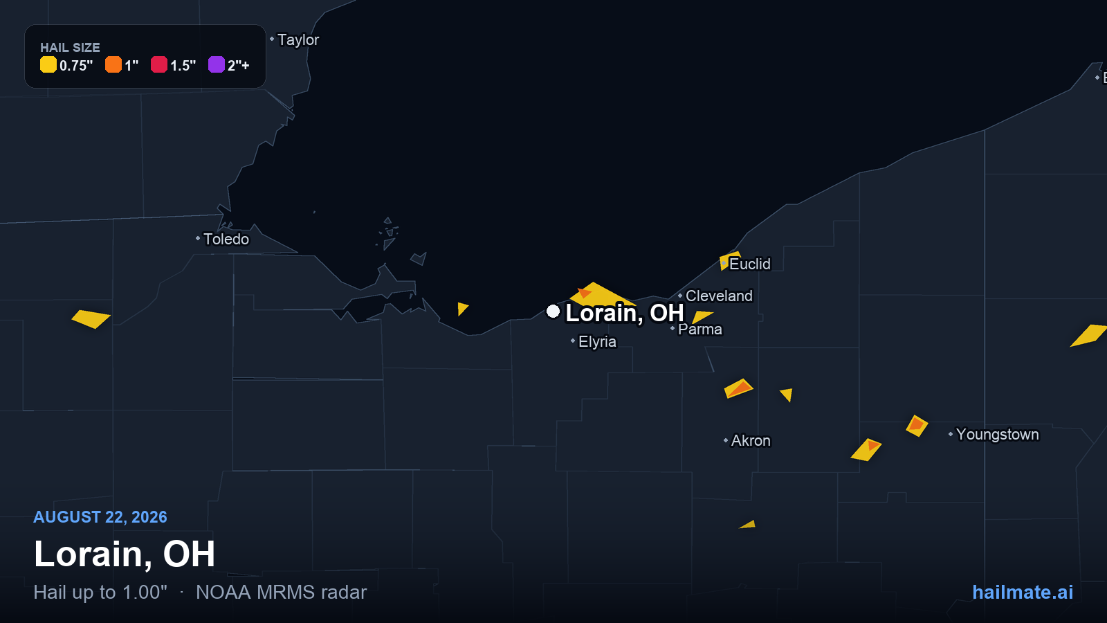 Hail swath map for Lorain, OH on August 22, 2026 showing 1.00 inch hail.