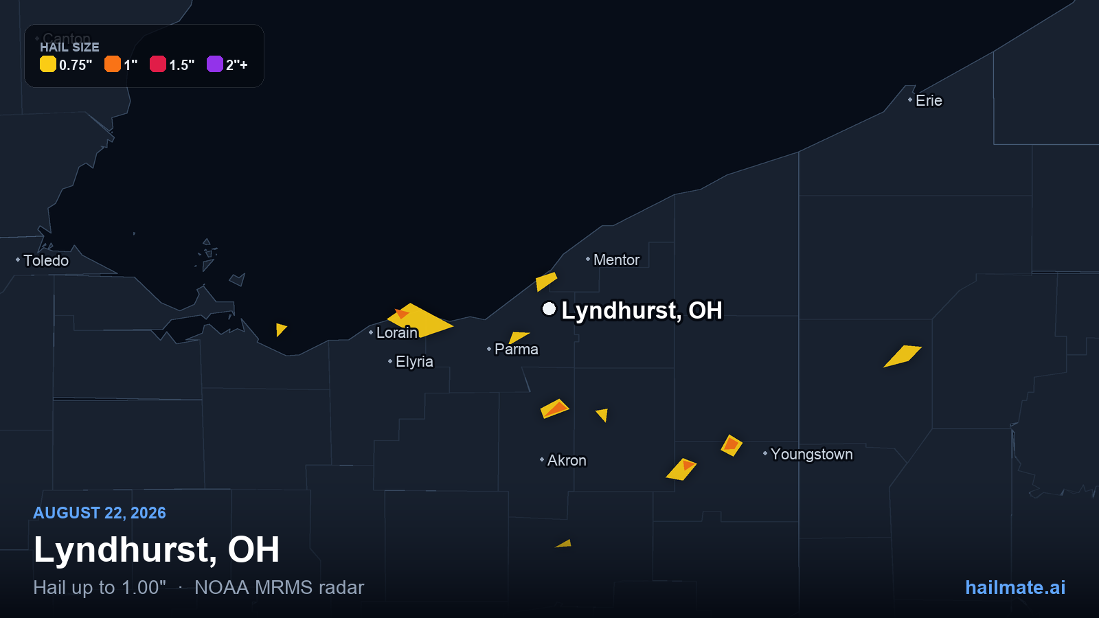Hail swath map for Lyndhurst, OH on August 22, 2026 showing 1.00 inch hail.