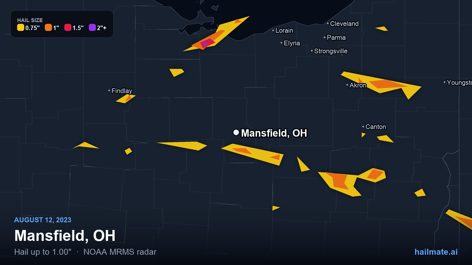 Hail swath map for Mansfield, OH on August 12, 2023 showing 1.00 inch hail.