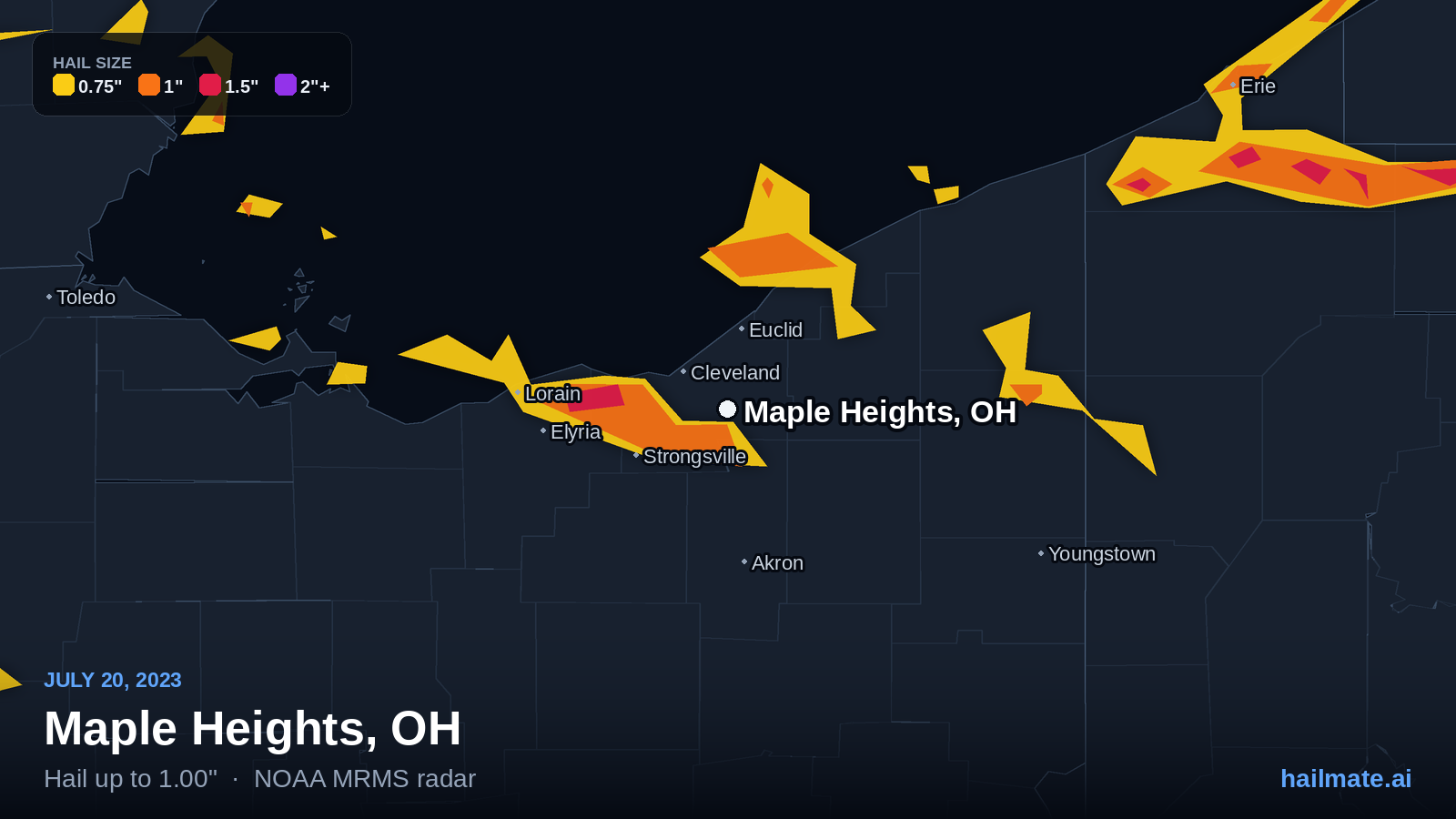 Hail swath map for Maple Heights, OH on July 20, 2023 showing 1.00 inch hail.