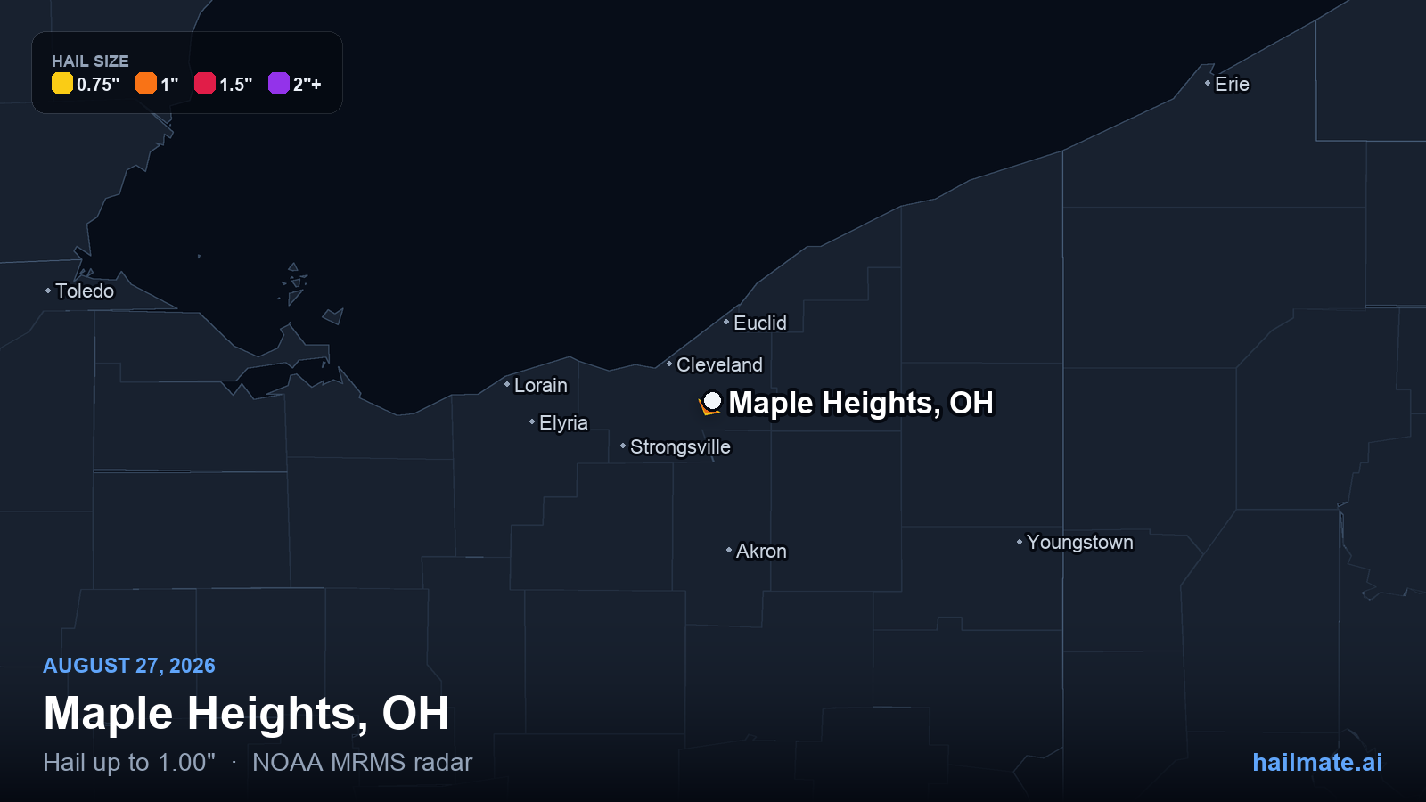 Hail swath map for Maple Heights, OH on August 27, 2026 showing 1.00 inch hail.