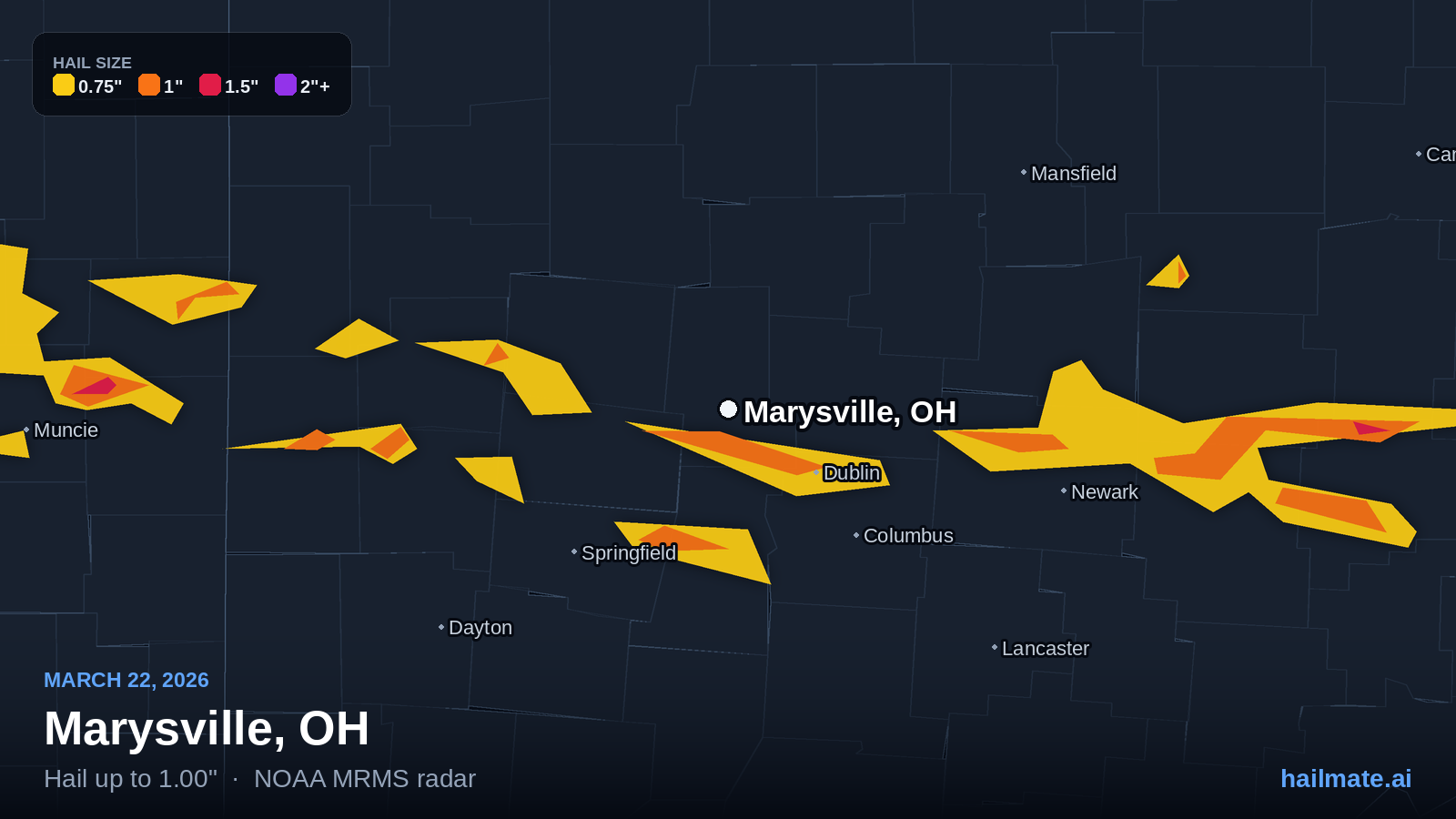 Hail swath map for Marysville, OH on March 22, 2026 showing 1.00 inch hail.