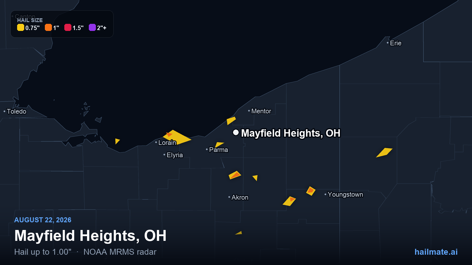 Hail swath map for Mayfield Heights, OH on August 22, 2026 showing 1.00 inch hail.