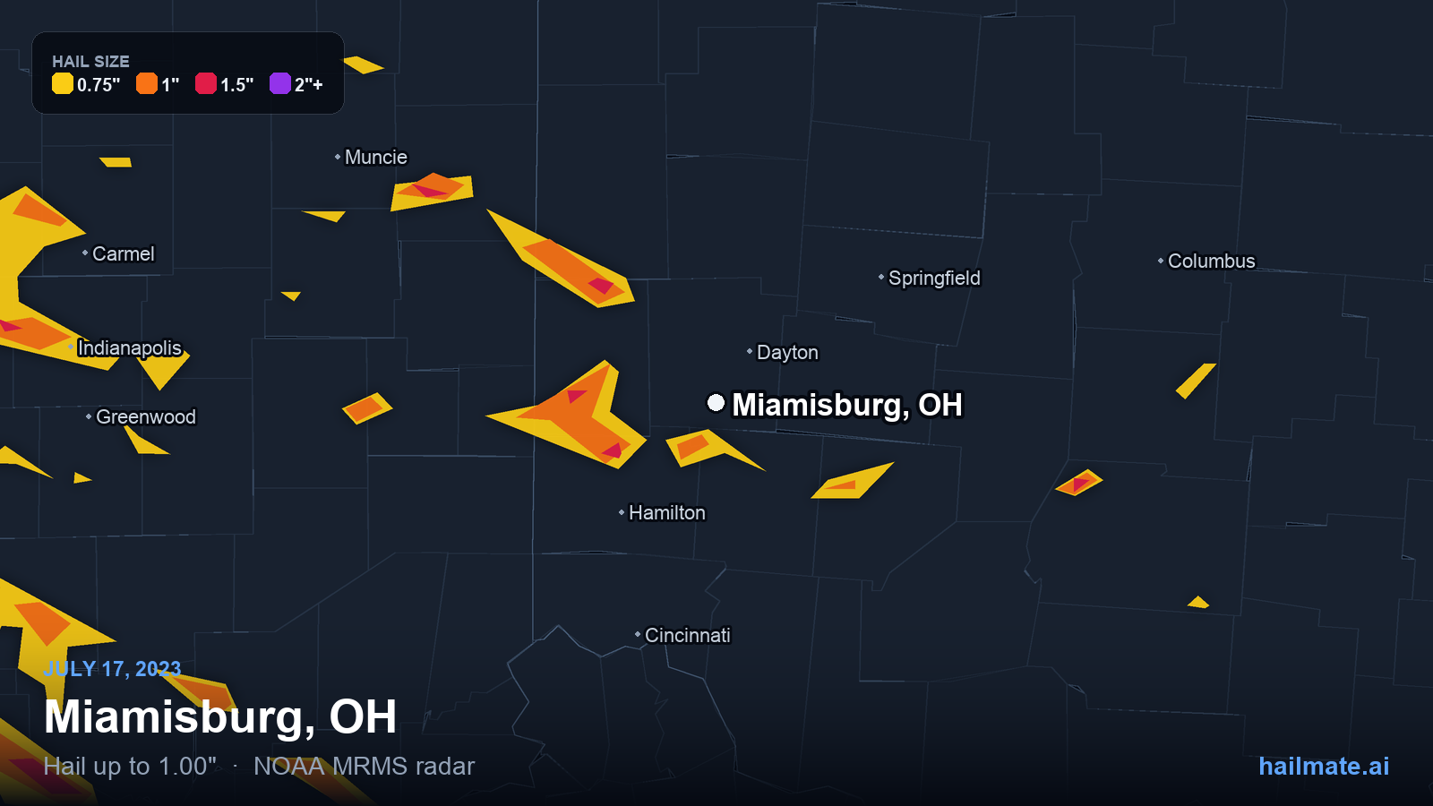 Hail swath map for Miamisburg, OH on July 17, 2023 showing 1.00 inch hail.