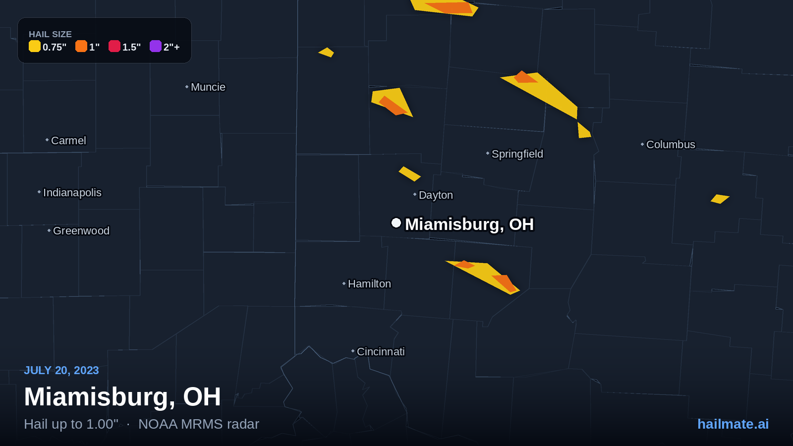 Hail swath map for Miamisburg, OH on July 20, 2023 showing 1.00 inch hail.
