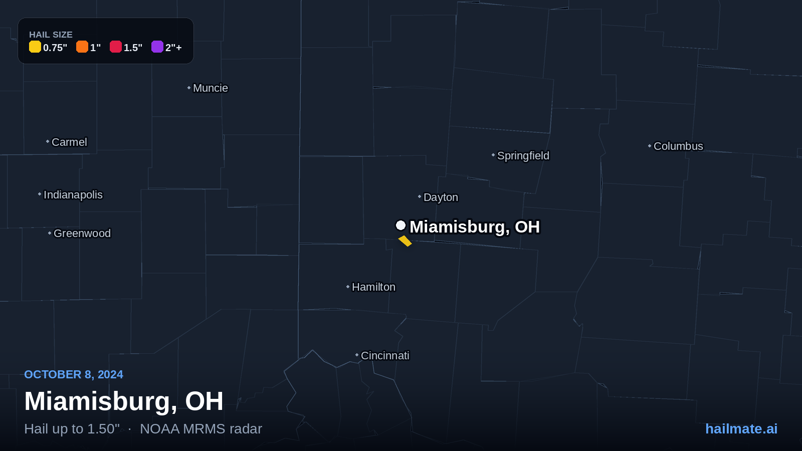 Hail swath map for Miamisburg, OH on October 8, 2024 showing 1.50 inch hail.