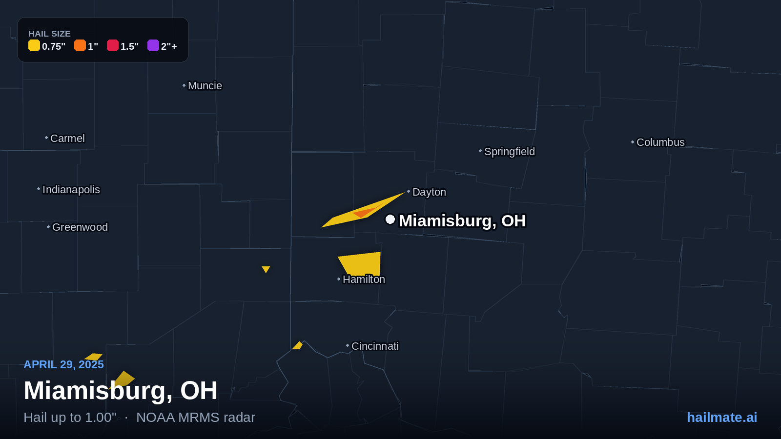 Hail swath map for Miamisburg, OH on April 29, 2025 showing 1.00 inch hail.