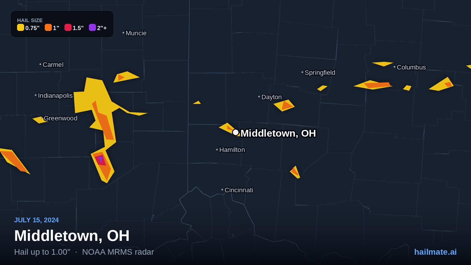 Hail swath map for Middletown, OH on July 15, 2024 showing 1.00 inch hail.