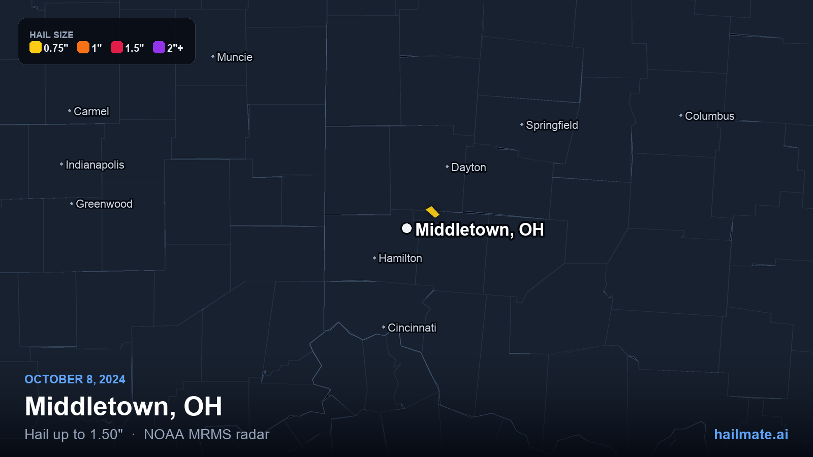 Hail swath map for Middletown, OH on October 8, 2024 showing 1.50 inch hail.