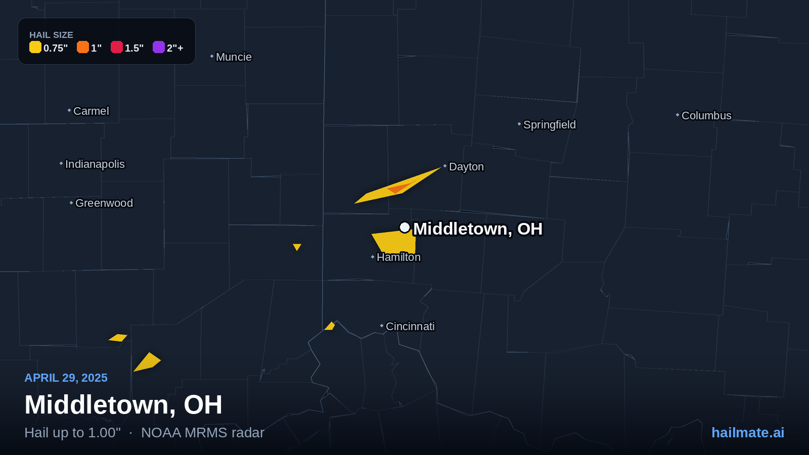 Hail swath map for Middletown, OH on April 29, 2025 showing 1.00 inch hail.