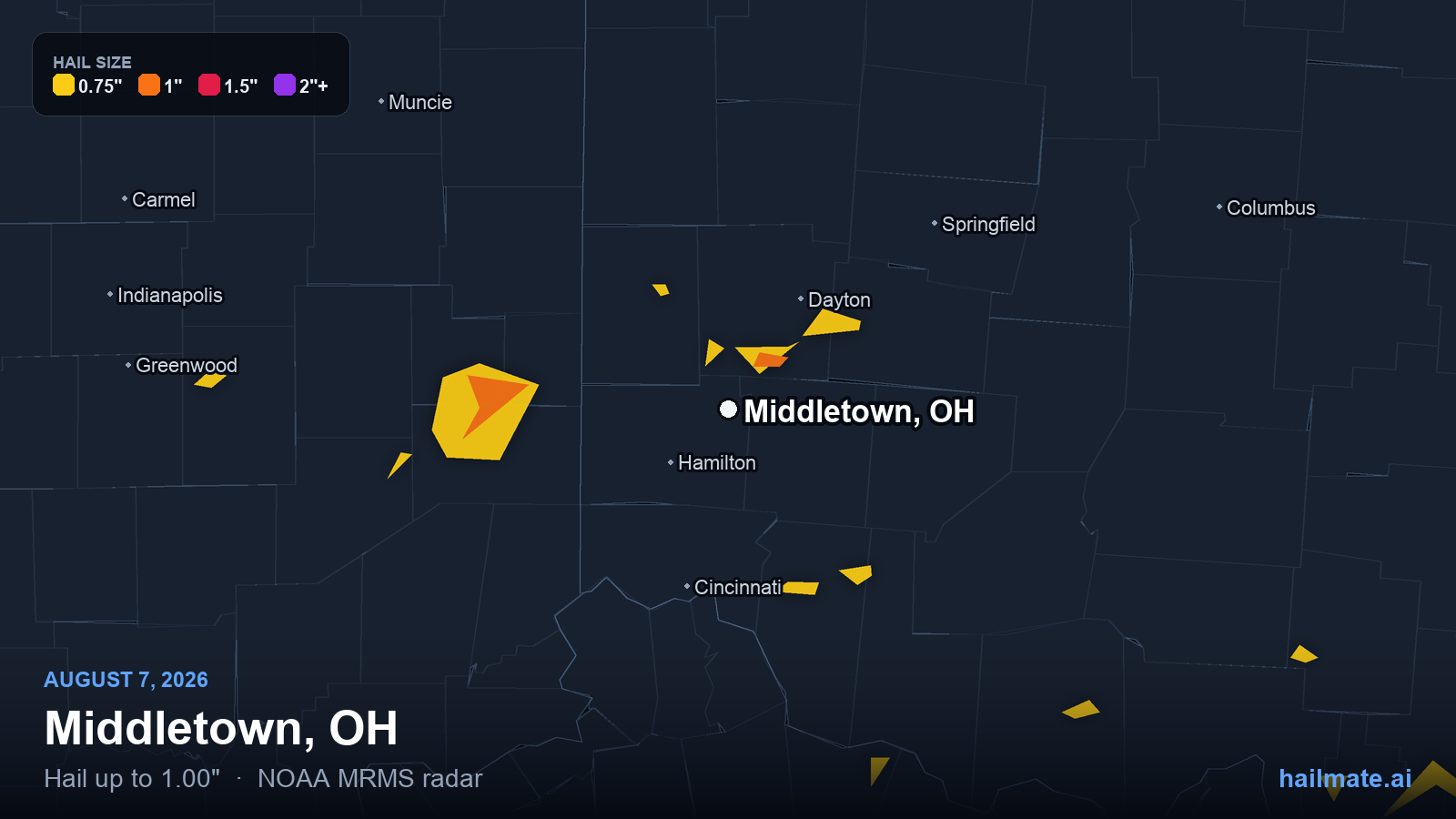 Hail swath map for Middletown, OH on August 7, 2026 showing 1.00 inch hail.