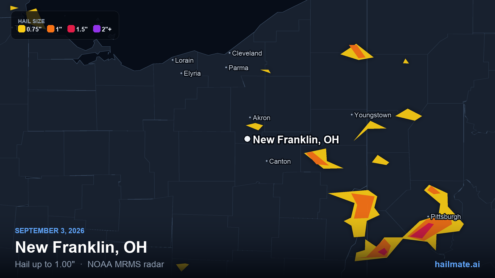 Hail swath map for New Franklin, OH on September 3, 2026 showing 1.00 inch hail.