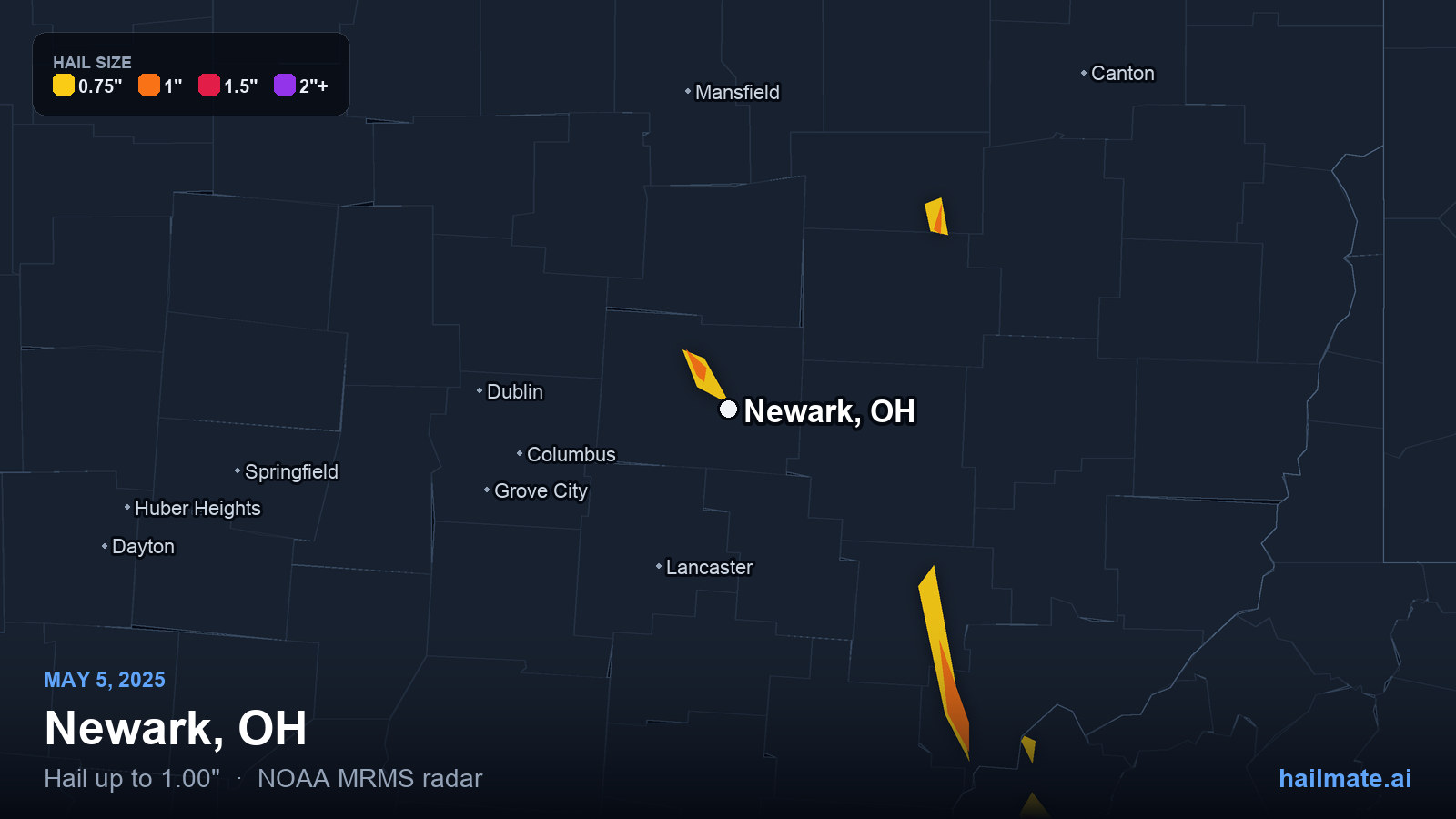 Hail swath map for Newark, OH on May 5, 2025 showing 1.00 inch hail.
