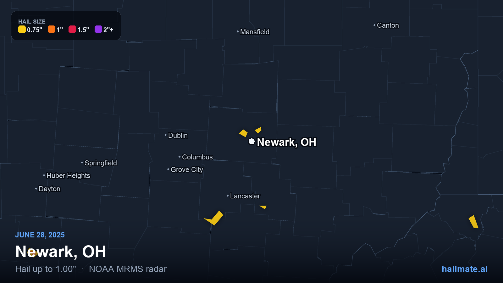 Hail swath map for Newark, OH on June 28, 2025 showing 1.00 inch hail.